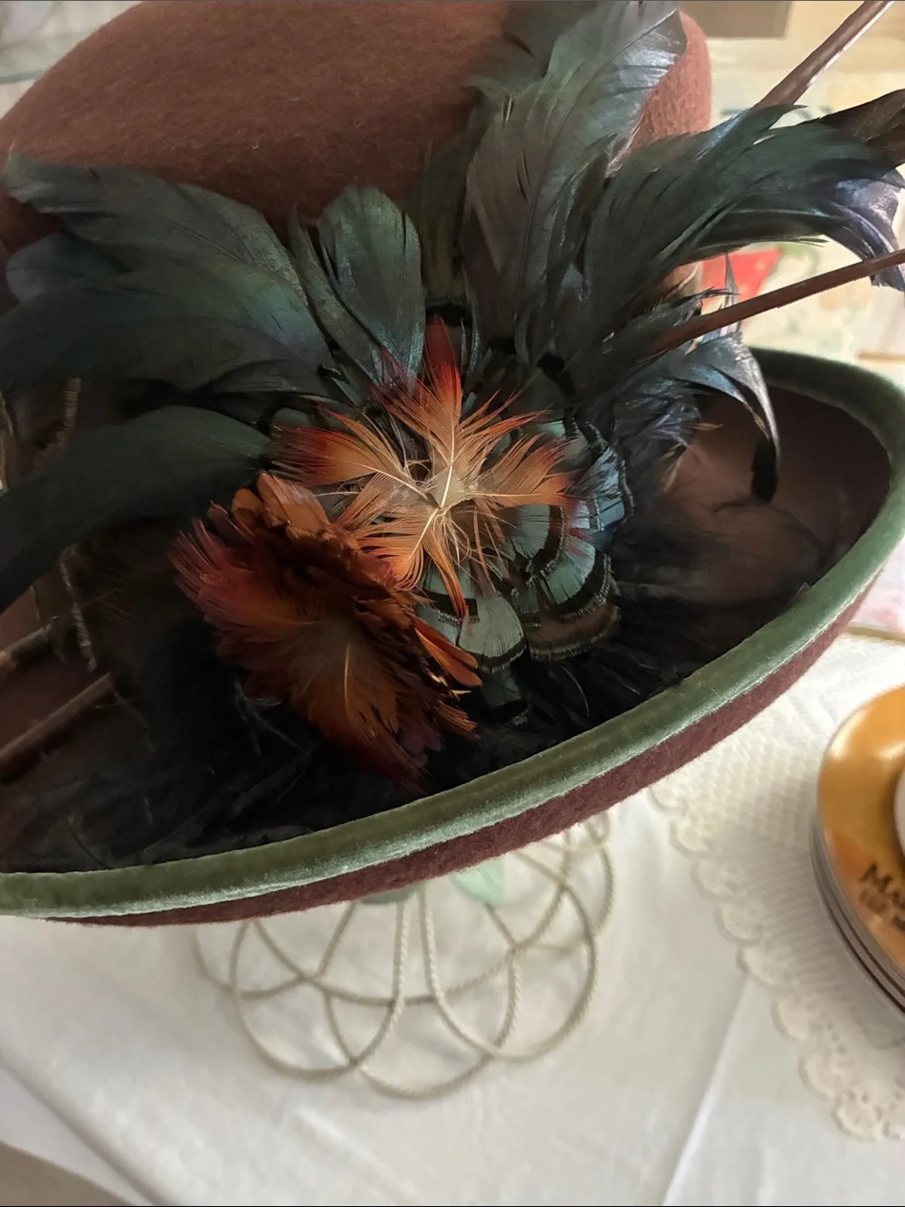 Womens Feather Accent Felt Hat in Rust with Green Trim